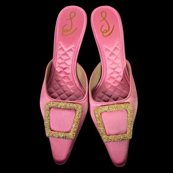 Sam Edelman Brit Satin Mule Pink Pointy Embellished Buckle Quilted Kitten Heel 8 - Picture 12 of 15